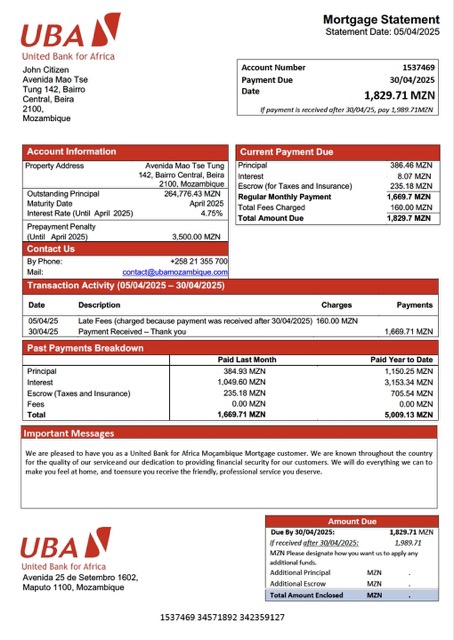 Mozambique United Bank for Africa Moçambique mortgage statement Word and PDF template